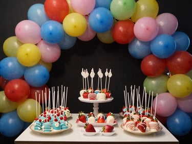 Vibrant close-up of a beautifully styled dessert table featuring custom cake pops, candy-coated strawberries, and a custom balloon garland framing the setup