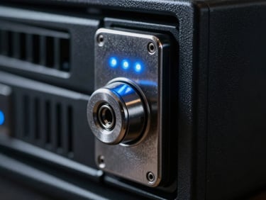 Macro close-up of a hardened steel server rack door lock, glowing blue LED indicator status lights, dark technical environment, 35mm