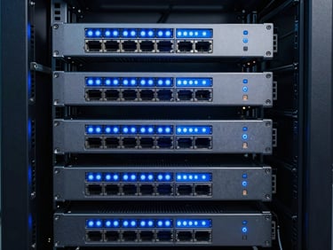 Clean server rack interior with high-end network routing hardware, glowing blue indicators, cool-toned corporate tech.