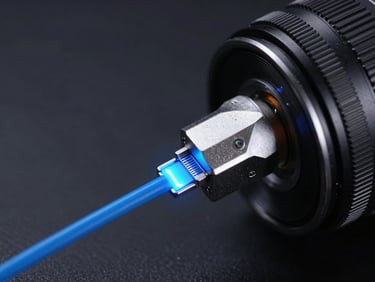 Precision fiber optic splicing close-up, glowing blue data lines, clean dark background, macro tech photography.
