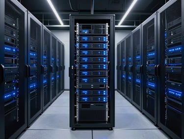 Symmetrical wide environmental shot of a modern enterprise data center, clean server racks with glowing blue indicators, cool-toned corporate technology photography, sharp electric blue accent lighting, clean dark background