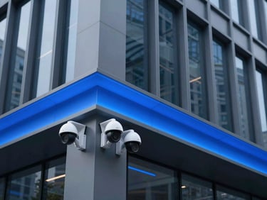 High-end corporate building exterior with modern IP cameras subtly integrated, sharp electric blue accent lighting, cool-toned tech style.