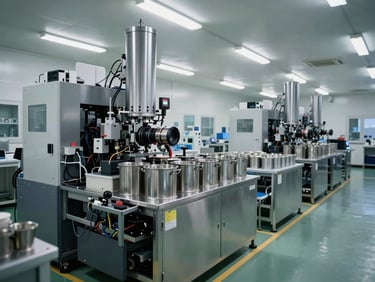 Wide-angle view of a cleanroom industrial recycling facility interior, heavy technical machinery, systematically organized steel containers, clinical lighting.
