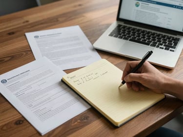 Overhead detail shot of a wide wooden desk with application documents spread open, a hand writing notes on a yellow legal pad, a laptop screen partially visible showing a government immigration portal, natural window light casting soft shadows across the papers, no faces visible, editorial documentary framing