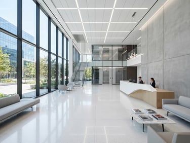Wide architectural shot of a spotless modern office lobby under bright daylight, emphasizing clean surfaces and crisp cool tones.