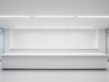 Wide architectural shot of a clean modern office break room with pristine surfaces and bright even lighting.