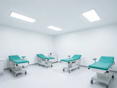 Wide architectural shot of a pristine medical exam room, bright even lighting, crisp white and teal tones, emphasizing hygiene.