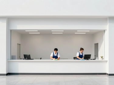 Uniformed professional wiping down a new commercial counter under bright daylight, wide architectural framing.