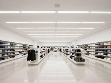 Wide shot of a gleaming retail store floor before opening hours, bright high-key daylight, structured layout.