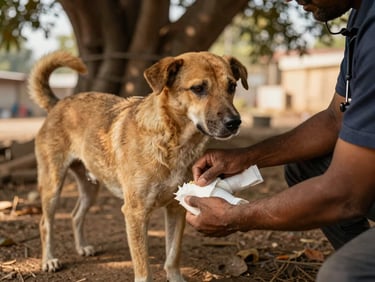 A veterinary volunteer gently bandaging the leg of a local street dog under the shade of a banyan tree, close-up of hands, compassionate documentary style.