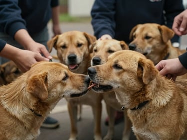 Documentary-style close-up of a healthy street dog being fed by volunteers, warm natural overcast light, shallow depth of field, 35mm lens