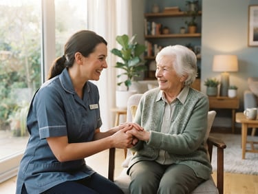 Warm editorial photography, soft natural window light, a professional caregiver in a slate blue uniform smiling warmly while holding the hands of an active elderly woman in a sunlit modern living space, 35mm lens