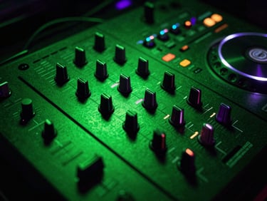 Close-up of a glowing DJ mixer channel fader pushed to the top under intense neon green club lighting.