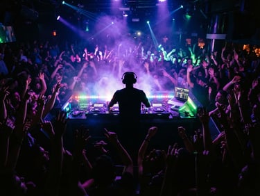 High-contrast silhouette of DJ Wick4u behind glowing decks, electric violet strobe lights, crowd hands raised, wide-angle club perspective.
