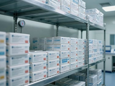 Wide environmental shot inside a pharmaceutical cold room, sealed medicine boxes stacked on metal shelving under cool LED site lighting, temperature gauge reading +4°C visible on the wall panel, no people, clinical facility atmosphere