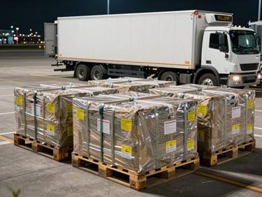 Documentary wide shot of air cargo pallets with temperature-sensitive labels being positioned at an airport freight terminal under site lighting, refrigerated truck visible in background, operational scale emphasis