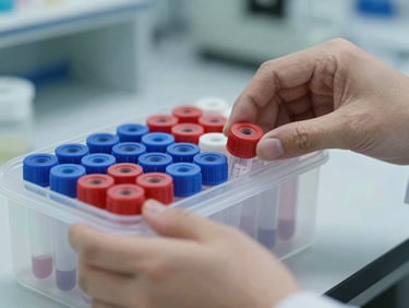 Close-up of laboratory specimen tubes in a sealed transport container, technician hands checking closure visible, cool site lighting, clinical cold storage environment, no faces