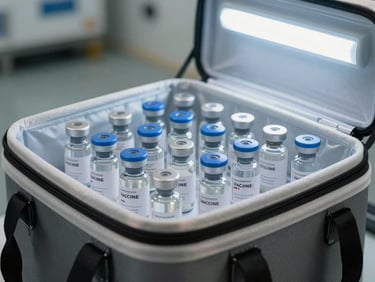Documentary close-up of vaccine vials in a temperature-controlled insulated carrier, site fluorescent lighting inside a cold storage facility, loading dock visible in background, no people