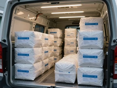 Environmental wide shot of medical device packaging and labeled specimen boxes inside a refrigerated vehicle cargo hold, site LED lighting, sealed containers, no people, operational infrastructure focus
