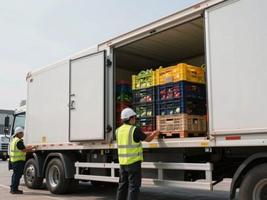 Wide loading dock shot of refrigerated truck being loaded with fresh produce crates at a distribution center, natural daylight, workers in safety vests executing loading protocol, focus on infrastructure and scale