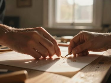 Close-up of hands working on a craft project at a home table, paint or thread visible, golden-hour window light catching the texture of the materials, warm and absorbed in the task