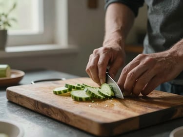 Close-up of hands chopping vegetables on a worn wooden cutting board in a home kitchen, natural side-light from a nearby window, practical household lighting, muted warm tones, mid-task activity