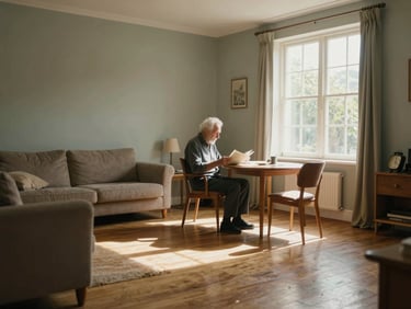 Wide shot of a sunlit living room, an elderly man seated comfortably reading at a table near a window, warm afternoon light pooling across wooden floorboards, muted sage and ochre tones, documentary feel