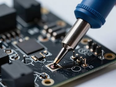 Close-up macro of a precision soldering iron tip applying solder to a custom header pin on a black PCB display board, crisp highlights on metallic solder joints, cool technical lighting.