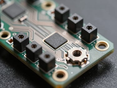 Close-up of a prototype screw terminal breakout board for ESP32, clean metallic traces.