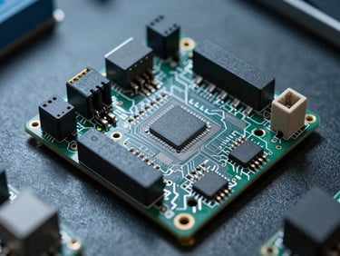 Top-down macro of an ESP32 sensor shield with terminal blocks, cool laboratory lighting.