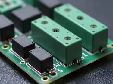 Macro photo of a multi-channel relay expansion board with optocoupler isolation, sharp highlights.