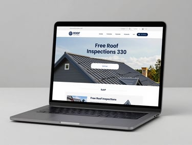 Flat-lay studio shot of a laptop screen displaying a clean English-language roofing company website homepage — bold headline 'Free Roof Inspections', prominent CTA button, high-contrast dark UI, cool-white studio lighting, sharp edges, no reflections
