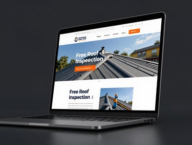 45-degree angle mockup of a professional English-language roofing contractor website on a dark laptop screen, showing bold hero section with 'Free Roof Inspection' CTA button, clean navigation bar, cool-white studio lighting against deep charcoal background
