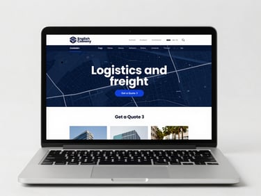 Flat-lay studio shot of a laptop screen displaying a modern English-language logistics and freight company website — bold route map graphic, 'Get a Quote' button, clean sans-serif type, cool-white studio lighting, no reflections