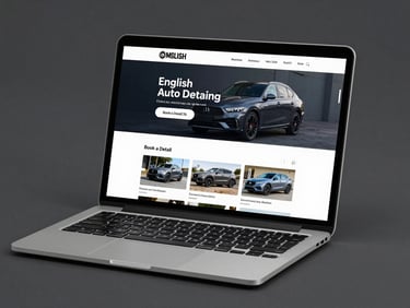 Flat-lay studio shot of a laptop screen showing a sleek English-language auto detailing website — dark theme, 'Book a Detail' CTA button, before-and-after image strip, cool studio lighting, sharp focus, no glare