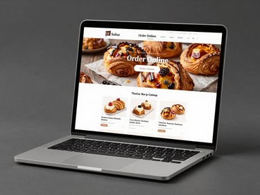 Flat-lay studio shot of a laptop screen displaying a warm English-language artisan bakery website — hero image of fresh pastries, 'Order Online' CTA, menu section with item cards, cool studio lighting, sharp UI, no glare