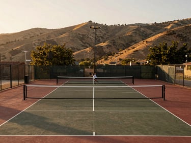 Wide environmental shot of the Ojai hills framing the pickleball courts during golden hour, soft warm light, empty court in foreground