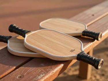 Candid shot of wooden pickleball paddles resting on a rustic bench under the warm, golden-hour California sun, soft focus, terracotta tones