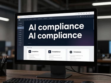 Crisp, flat-lay UI mockup of AI compliance software on a dark monitor, high-contrast industrial studio lighting with cool-toned digital screen glows, sharp technical typography.
