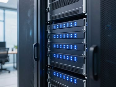 Modern server room or clean network switch interface with soft blue led lights, professional tech setup