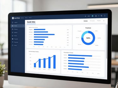 Clean dashboard mockup showing data analytics, soft blue and navy accents, bright lighting