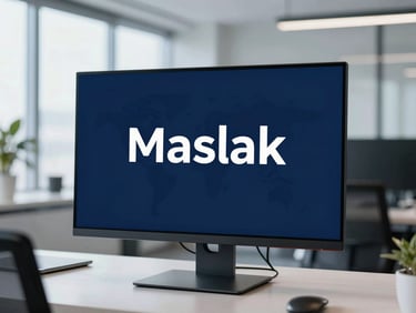 A clean corporate technology mockup on a screen in a bright modern Maslak office, soft blue tones, sharp focus, professional editorial style