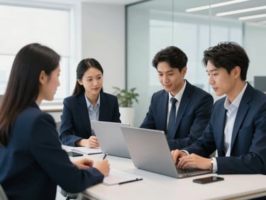 Professional team collaborating in a bright modern office, clean technology environment, navy tones