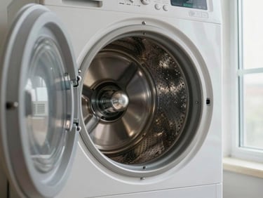 Tumble dryer in a utility room, door ajar showing drum inside, bright window light from the side