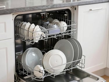 Open dishwasher with clean dishes inside, kitchen counter context, bright overhead light, white appliance