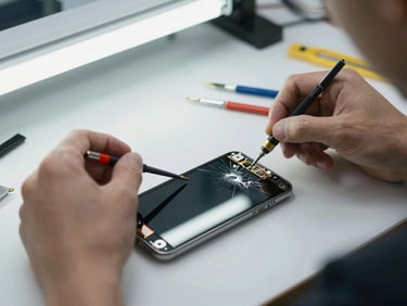 Technician's hands replacing a cracked smartphone screen on a workshop bench under bright overhead workshop lighting, small tools and components visible on the white surface