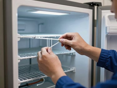 Technician hands checking the interior coils of an open refrigerator in a kitchen, clear window light, no people's faces visible, repair context