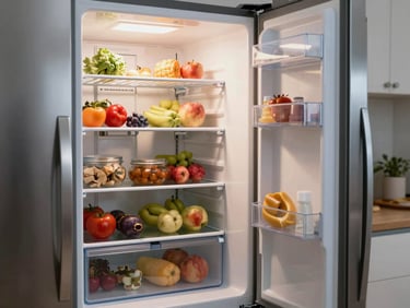 Refrigerator door open showing interior shelves, natural kitchen light, stainless steel finish, food visible on shelves