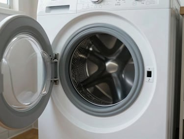 Front-load washing machine door open in a tiled laundry room, bright daylight, clean white appliance
