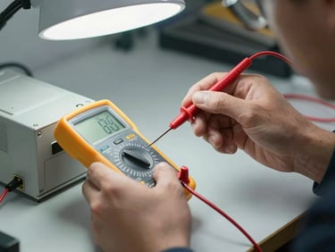 Technician's hands holding a multimeter probe against an appliance component on a workbench, clear bright workshop light